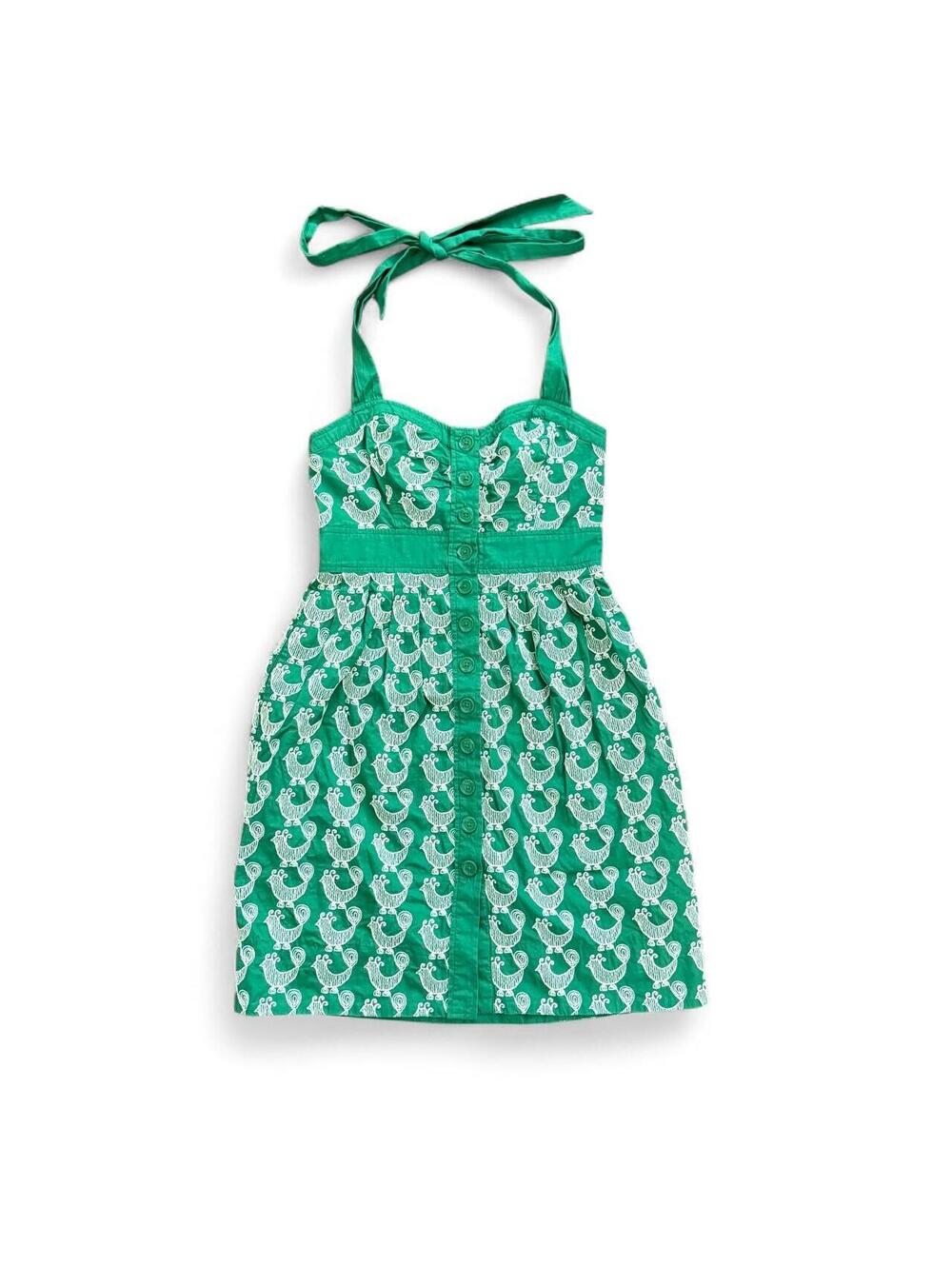 Anthropologie Women's Green Halter Dress with Embroidered Birds size 0